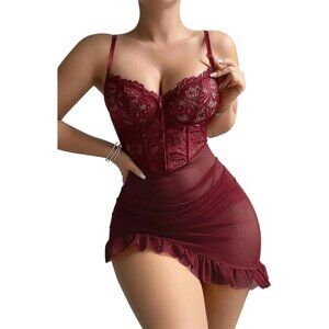 Women's Wine Red 2PC Corset Lingerie Set - Ruffle Underwire Lace Floral Thong
